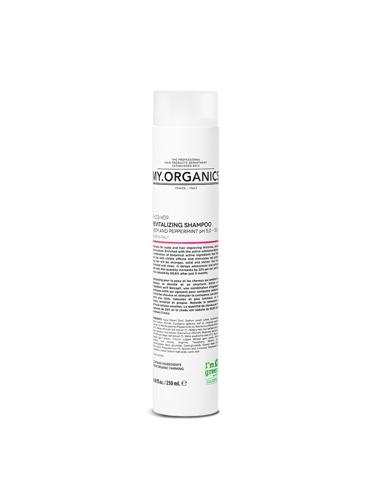 MY.ORGANICS REVITALIZING SHAMPOO NEEM AND PEPPERMINT Atgaivinantis šampūnas – nimbamedis, pipirmėtė (pH5.5)